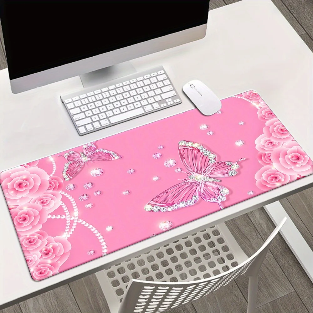1pc Pink Rose Romantic Diamond Butterfly Gaming Mouse Pad, HD Printed Pad for Desk, Multi Functional XXL Mousepad, Keyboard Gami
