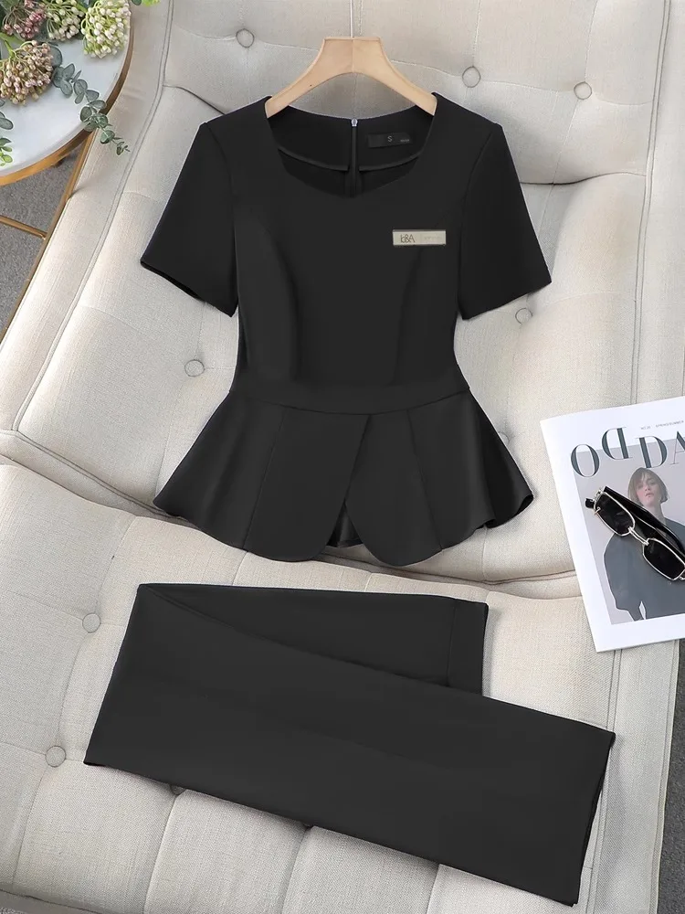 

Черный летний костюм с коротким рукавом для женщин, тонкий, профессиональный, для салонов красоты, униформа для работы, униформа для стойки регистрации отеля, с V-образным вырезом и молнией