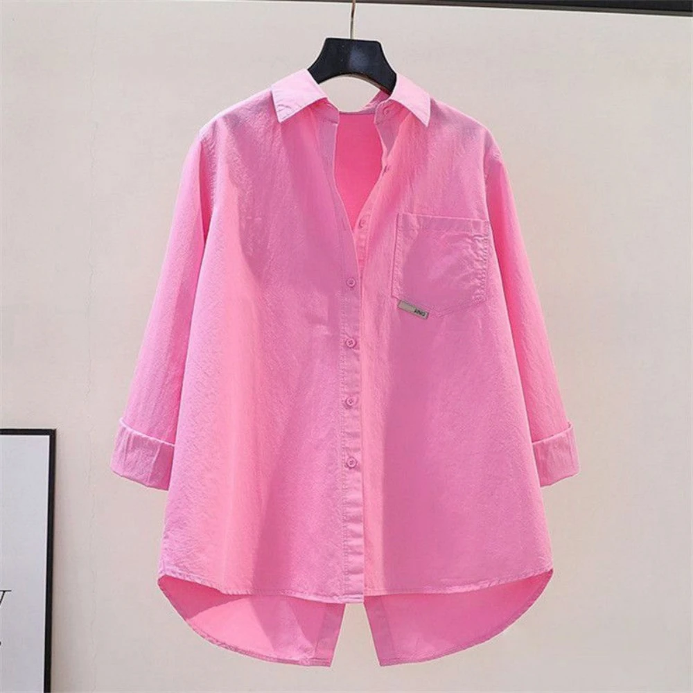 Women\'s Simple Casual Asymmetrical Oversized Cotton Button Up Tunic Shirts Solid Long Sleeve Streetwear Top Blouse Blusas Mujer