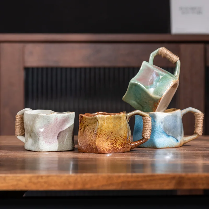 Creative Rough Pottery Coffee Cup Retro Rope Ceramic Cup Irregular Mug Japanese Shaped Drinking Tea Set Living Room Decoration