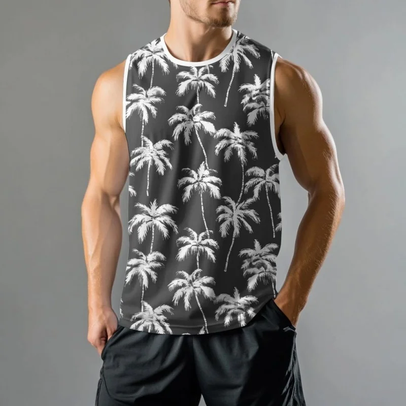 3D Printed Coconut Trees Tank Tops For Men Colorful Gradient Pattern Tees Summer Casual Loose Street Sports Round Neck Vest Top