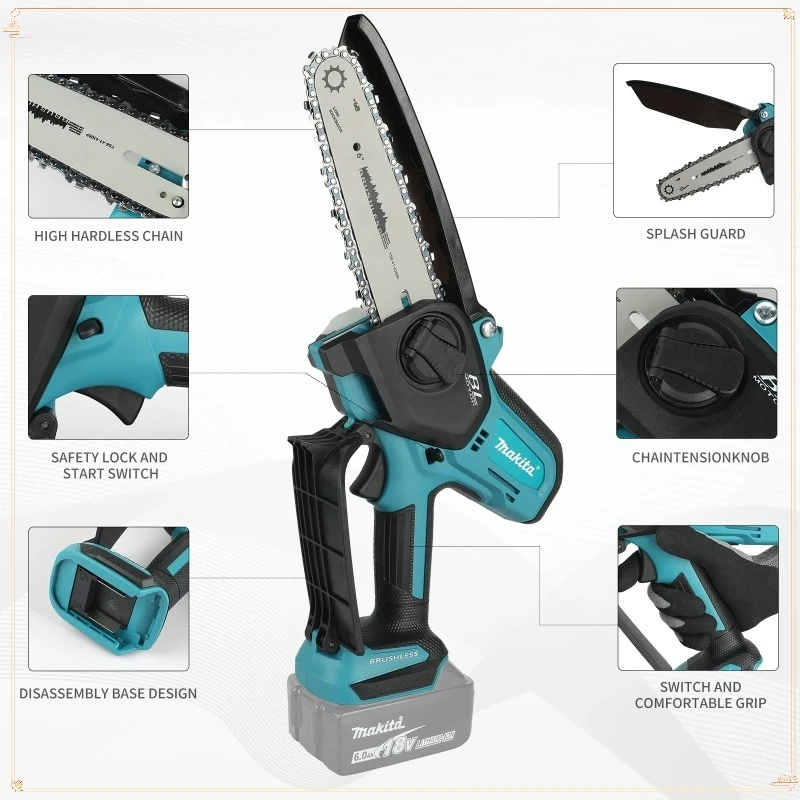 Piła łańcuchowa akumulatorowa Makita 8 cali, bezszczotkowa, przenośna, do cięcia drewna, elektryczna, ręczna, do przycinania ogrodowego