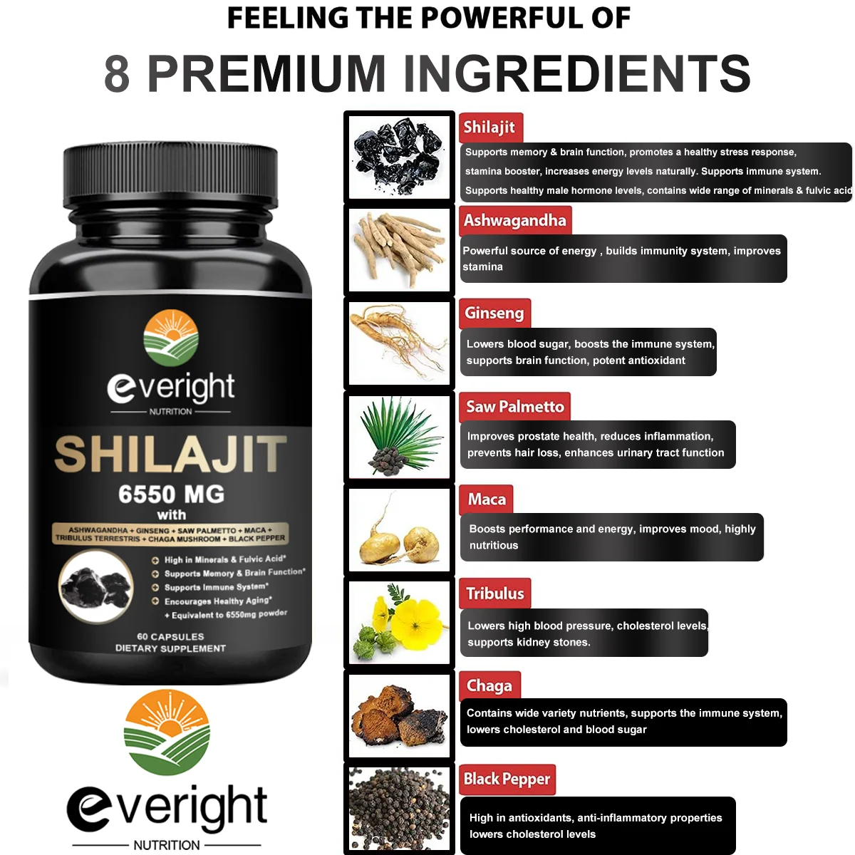 Shilajit Himalayan Supplement - 6550mg - with Ashwagandha, Ginseng, Saw Palmetto, Maca, Tribulus, Chaga - Non-GMO Health Vegan