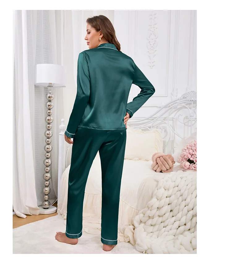 Damen-Pyjama-Set aus Satin, Tasche, herzförmige Stickerei, lange Ärmel, Knöpfe, Revers, Oberteile und elastische Hosen, Loungewear-Pyjama für Damen – Detail 16