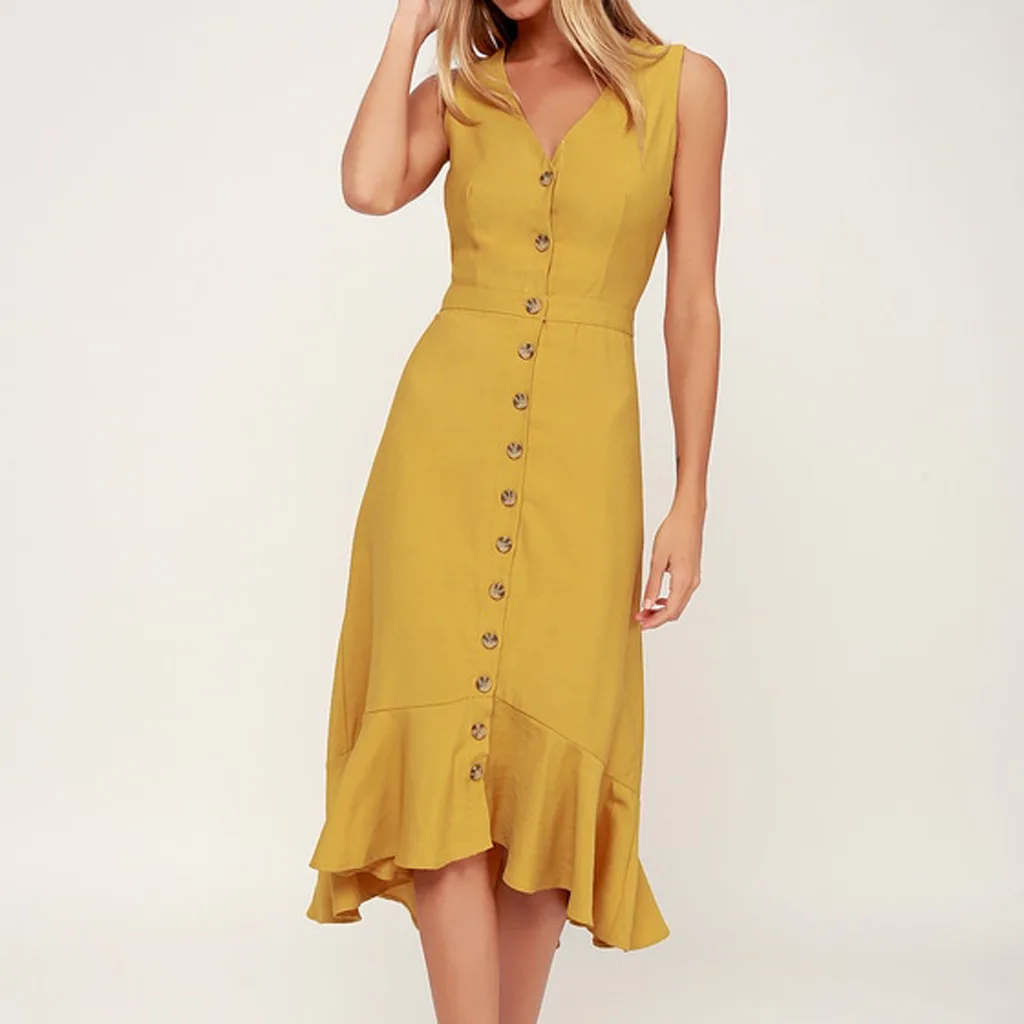 Women's Yellow Sleeveless V Neck Button Front Cutout Back Fitted Waist Ruffled Hem Midi Dress Autumn Casual Fashion