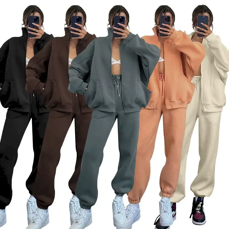 Streetwear Solid Stand Collar Zipper Sweatshirt and Casual Pant Sets Women Autumn Winter Sporty Tracksuit Women Two Piece Set