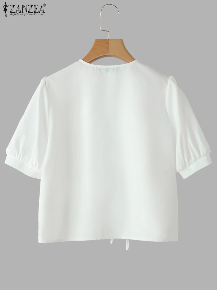 ZANZEA 여름 탑 여성 레이스 업 셔츠 2025 캐주얼 퍼프 슬리브 꽃 무늬 블라우스 빈티지 O 넥 블라우스 여름 OL 작업 튜닉