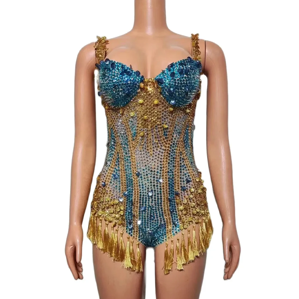 Women Sexy Sparkly Rhinestones Sequins Tassels V Neck Bodysuit Performance Dance Costume Nightclub Singer Dancer Photoshoot Gown