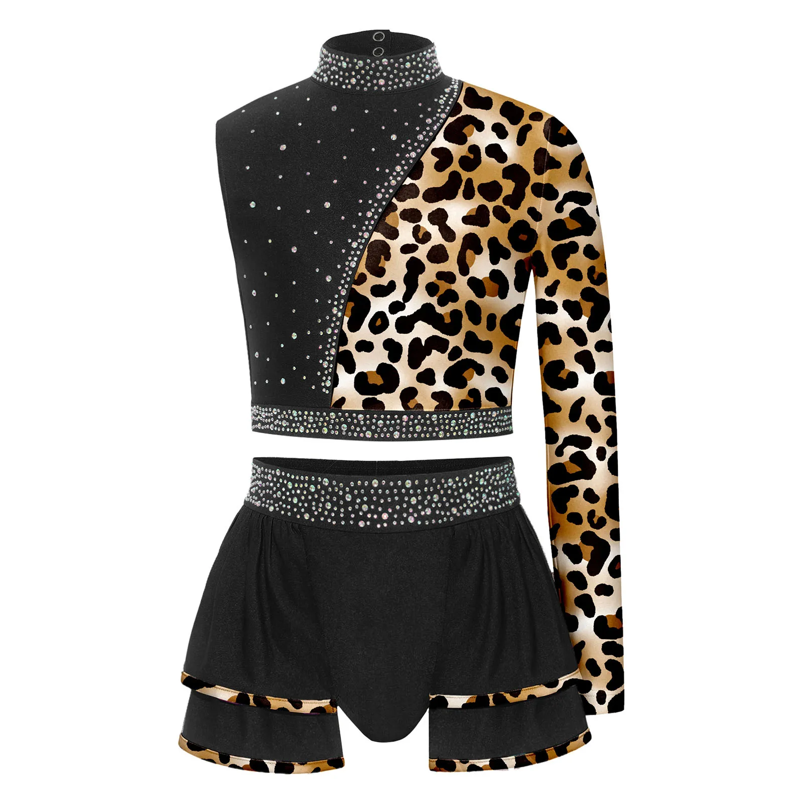

Kids Girls Stage Jazz Dance Set 2Pieces Asymmetrical Left Long Sleeve Crop Top with Skirt for Ballroom Modern Dance Competition