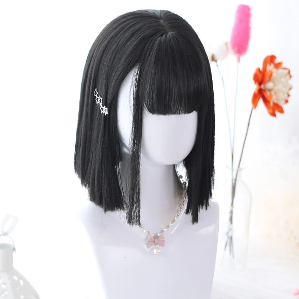 

Synthetic Wigs Short Straight Bob Wig with Bangs Lolita Cosplay Wigs for Women Halloween Party Wigs Daily Black Brown