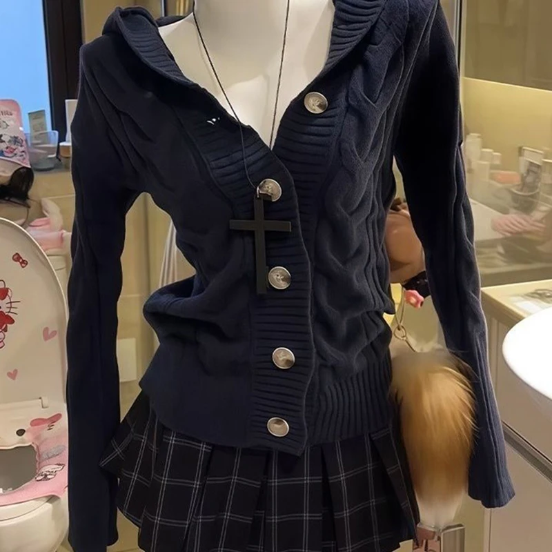 Damski kardigan z kapturem, dzianinowy, zapinany na guziki, z długim rękawem, sweter na wiosnę i jesień, luźny, w stylu lazy preppy, Harajuku Y2K, płaszcz.