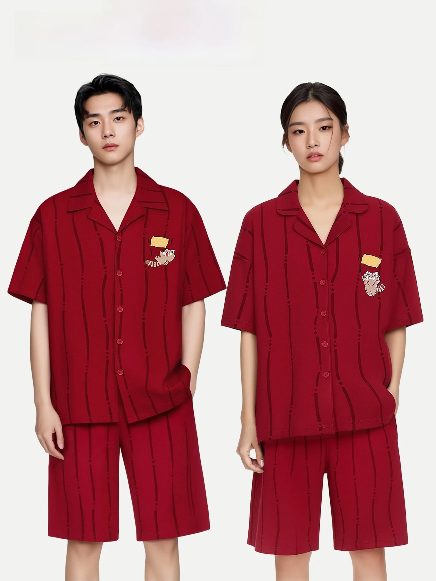 PinkBread Couples Sleepwear Red Pure Cotton Short Sleeve Home Clothes Suitable for Outdoor Spring Summer Soft Comfortable Loo...
