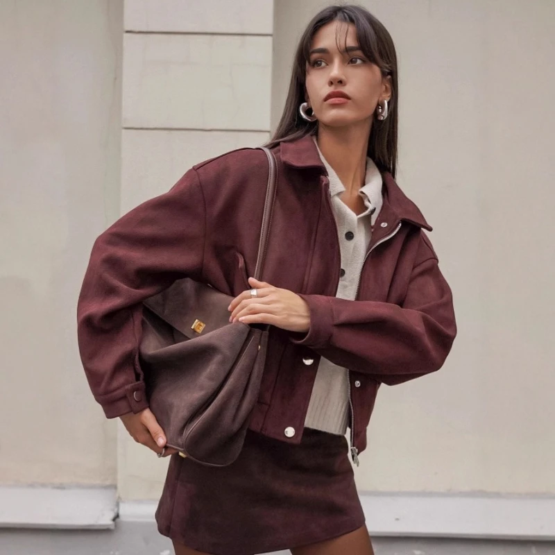 TARUXY Retro Suede Lapel Jacket Women's Zipper Pocket Reddish Brown Casual Loose Splicing Long Sleeves Coat Autumn Street Coat