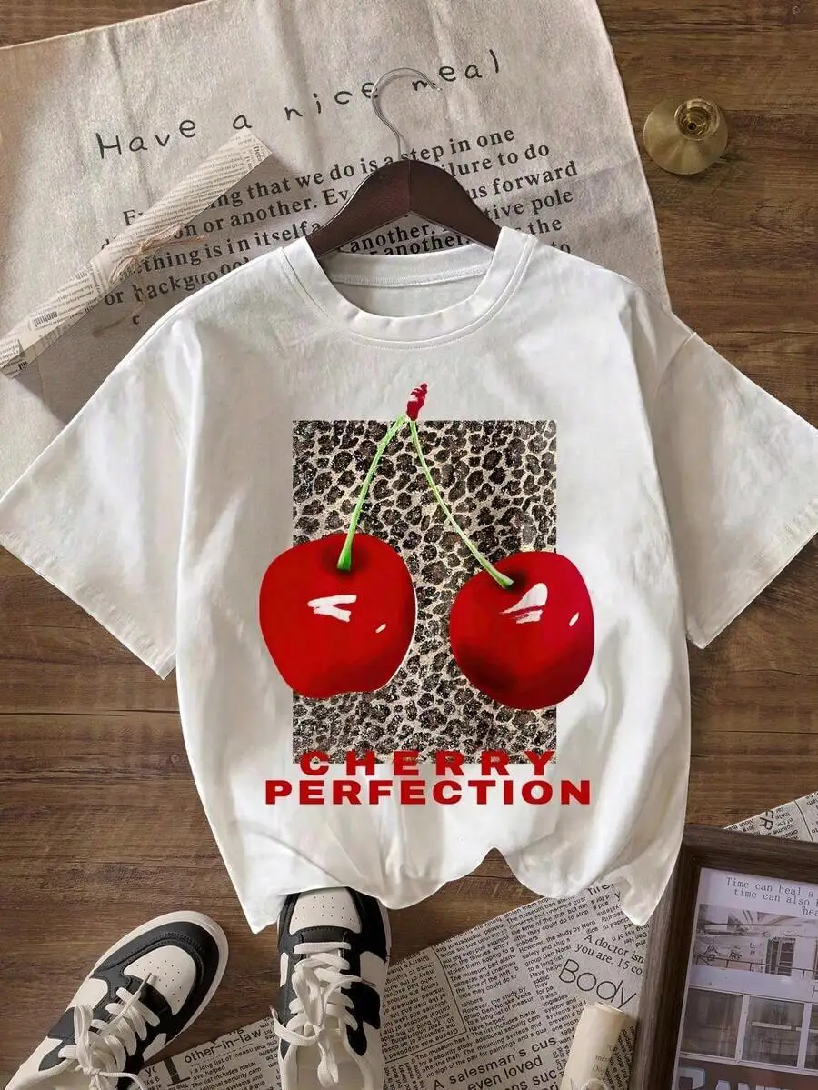 Women Black Crew Neck Short Sleeve T-Shirt Leopard Cherry Mixed Graphic Print Fashion Slogan Soft Breathable Summer Daily All Match Casual Trendy Top