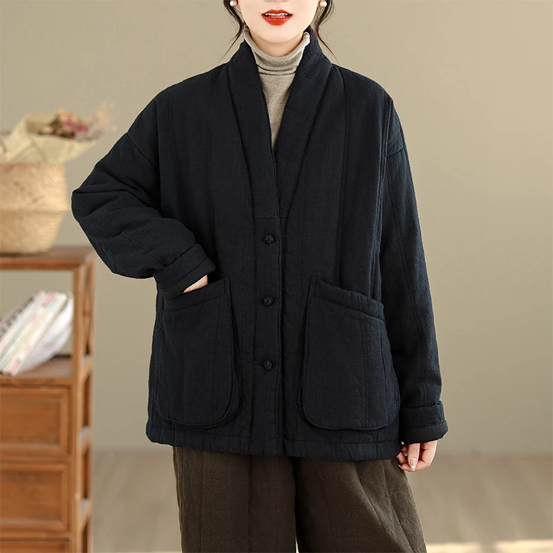 Thiened coton lin femmes Jaet hiver nouveau Sle chinois National Sle v-ne Long Sve coupe régulière trajet Sle