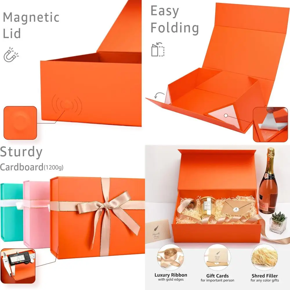 

Набор из 5 подарочных коробок на Рождество, 13,85x8,35x4,45 дюймов, с крышками, открыткой, лентой и оранжевым наполнителем из измельченной бумаги