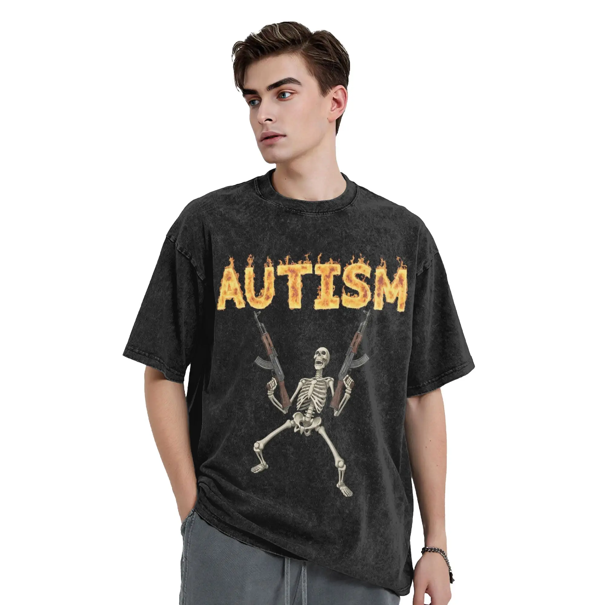 Washed T Shirts Autism Warrior Skeleton Hip Hop T-Shirts Harajuku  Streetwear Graphic Printed Tops Tee Shirt for Men Women
