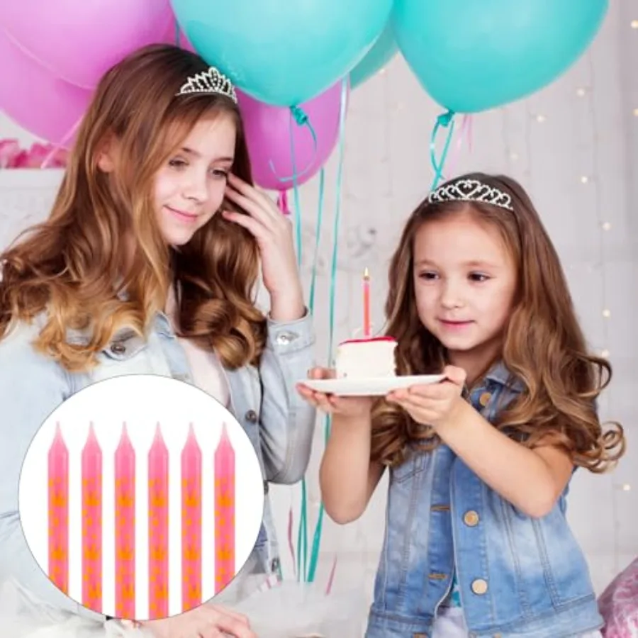 12pcs 3.7 Birthday Candles Pink Themed Cake Candles Sticks with Golden Crown Patterns Cute Candlesticks Cupcake Candle Decorati