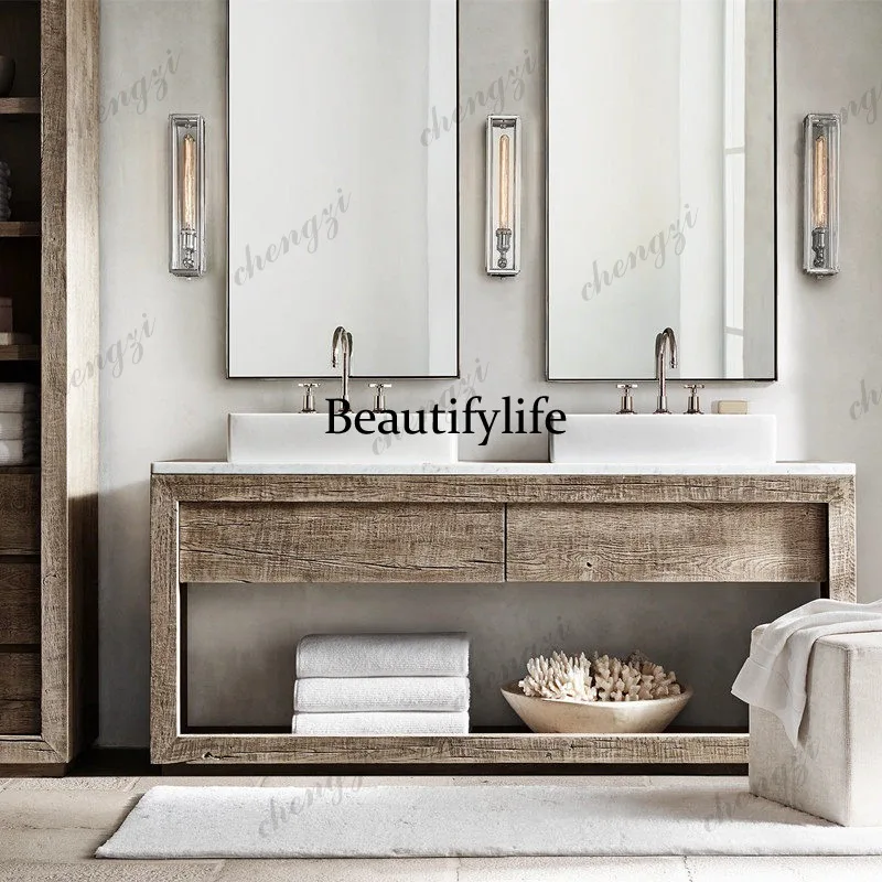 Wabi sandy wind bathroom cabinet solid wood floor bathroom cabinet extreme poverty wind old custom sink