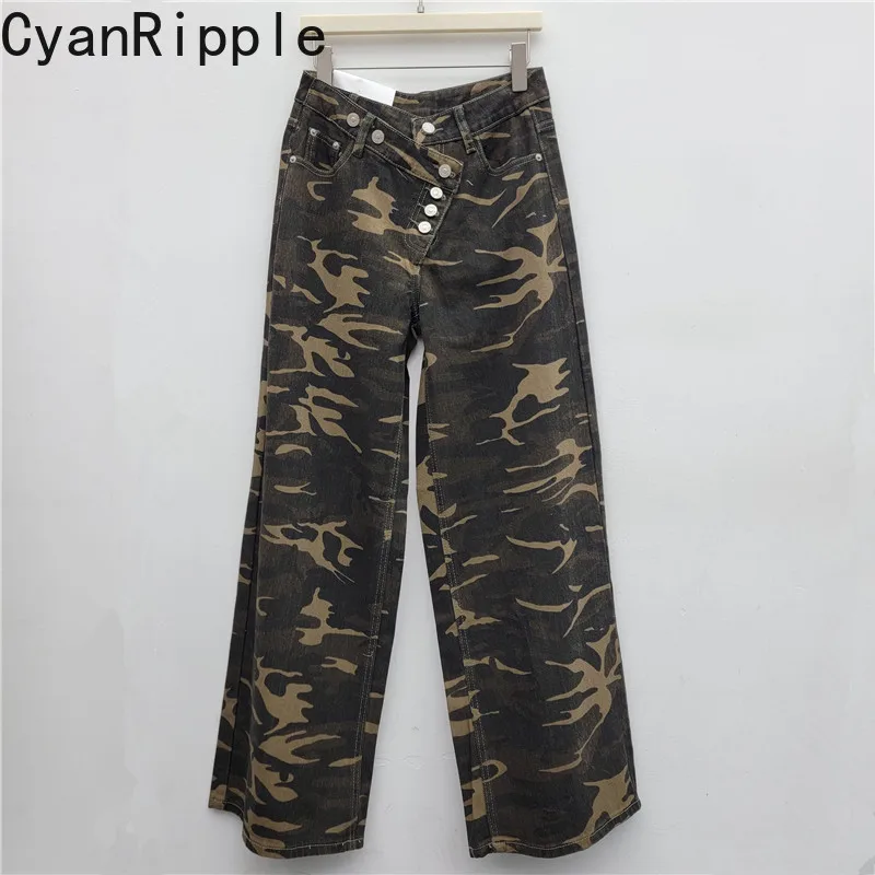 American Retro Camouflage Wide Leg Women Jeans 2026 New Autumn Multiple Buckles All-match High Waist Casual Straight Denim Pants
