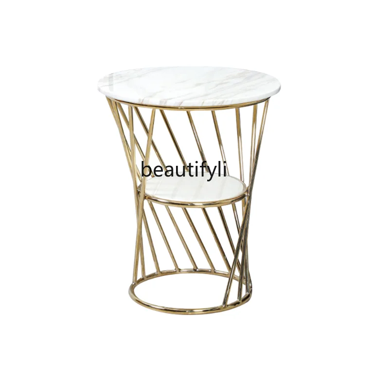 

Mild Luxury Marble Side Table Nordic Stainless Steel American Creative Small Tea Table round Double Layer Corner Table