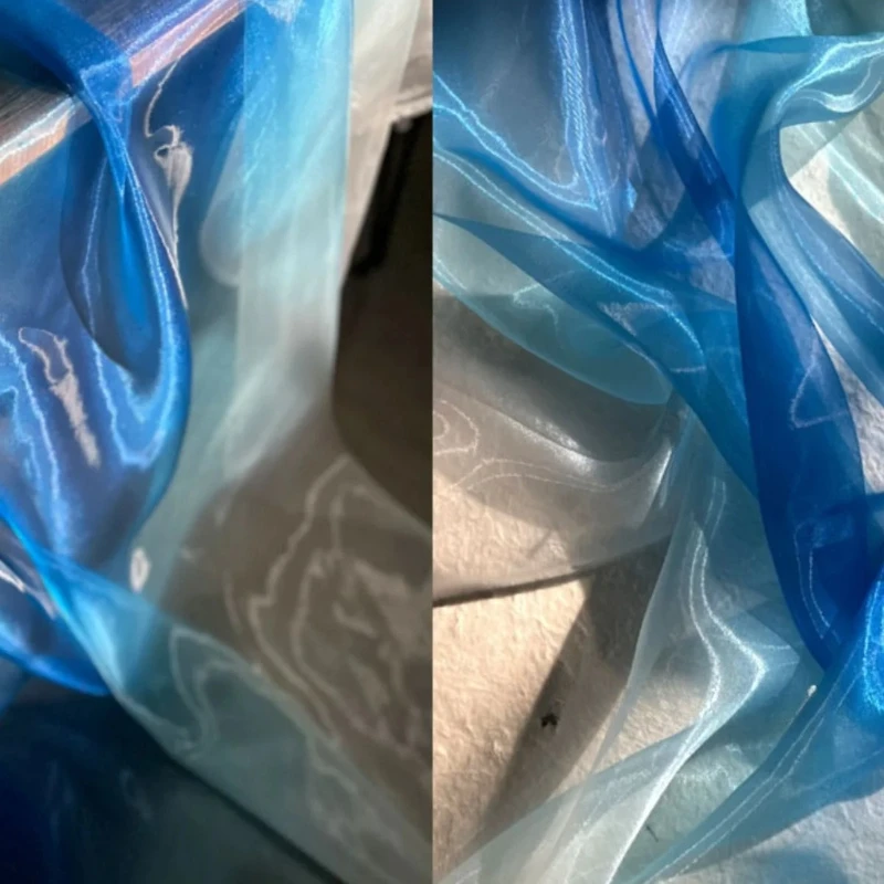 

Blue Bilateral Gradient Liquid Pearlescent Organza Fabric Perspective Hanfu Large Sleeved Shirt Designer Sewing Material Cloth