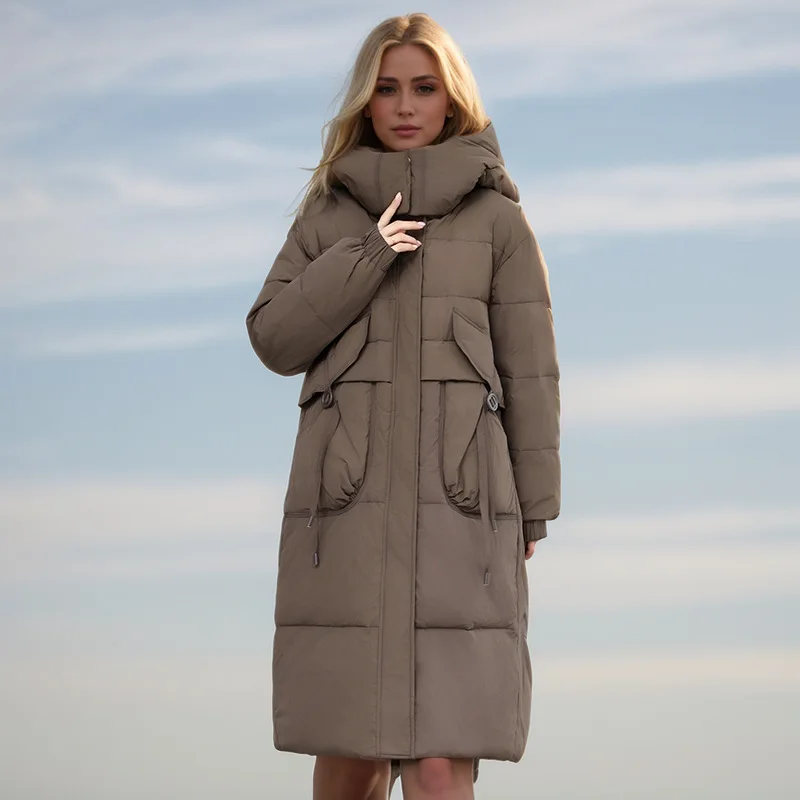 เสื้อโค้ทกันหนาวผู้หญิงขายดีสีล้วนเชือกรูดคอตั้งมีฮู้ดเสื้อแจ็คเก็ตผู้หญิงยาวเสื้อโค้ทเรียบง่ายสำหรับผู้หญิง