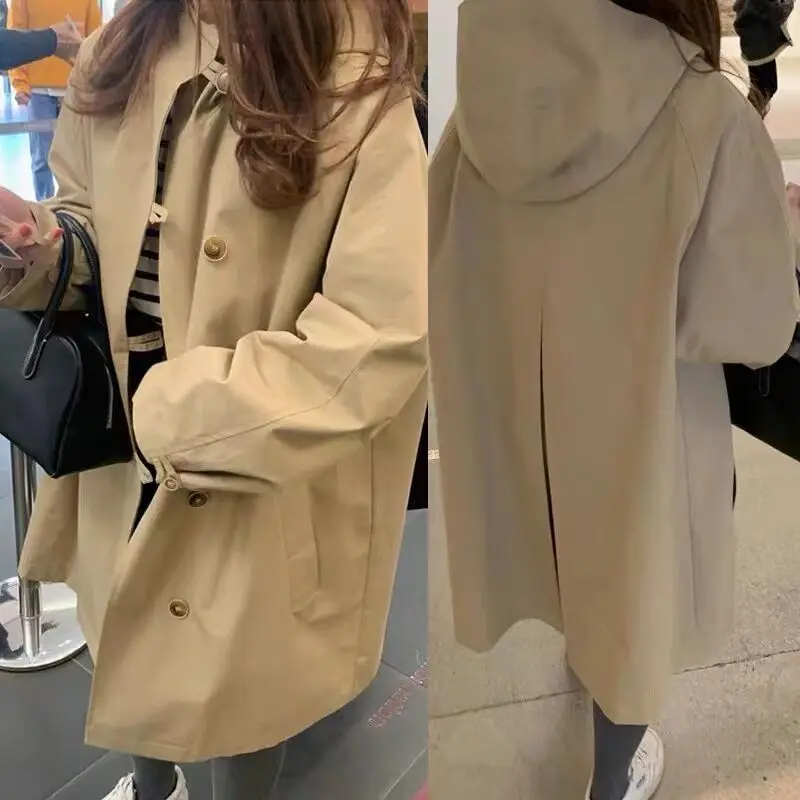 

Luxury High-end Spring Autumn Trench Coat Women's Loose Versatile Hooded Jacket Solid Color Single-breasted Windbreaker Overcoat