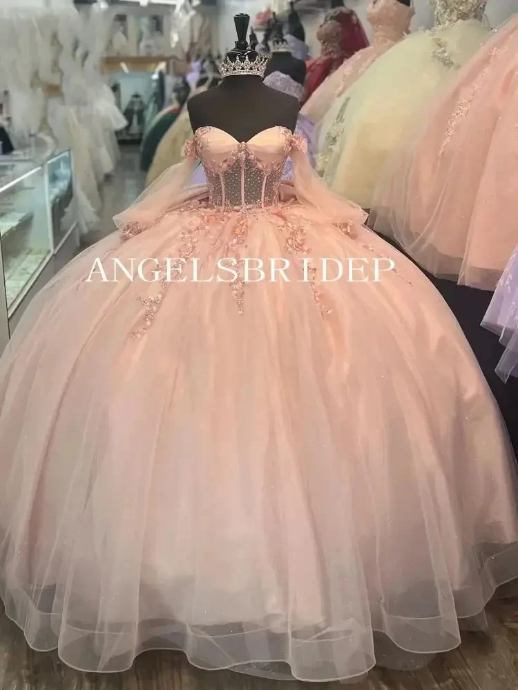 ANGELSBRIDEP Luxury Pink Quinceanera Dresses With Bow Vestido De 15 Anos Off-Shoulder Beading Lace Birthday Princess Party Gowns