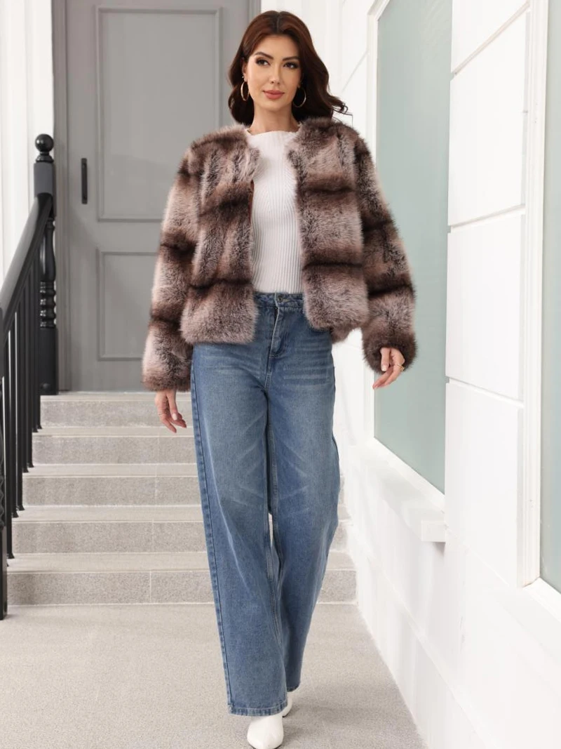 Modischer Kunstpelz-Jackenmantel für Damen, Herbst-Winter, Farbverlauf, gestreifter Pelzmantel, neu in Oberbekleidung, Rundhalsausschnitt, kurze Plüschjacke