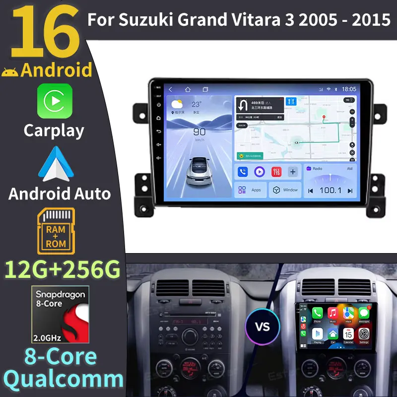 Radio para Auto Android 16 para Suzuki Grand Vitara 3 2005-2015, Carplay Inalámbrico, Android Auto, 4G, BT, Navegación, Estéreo, Cámara 360, 2Din