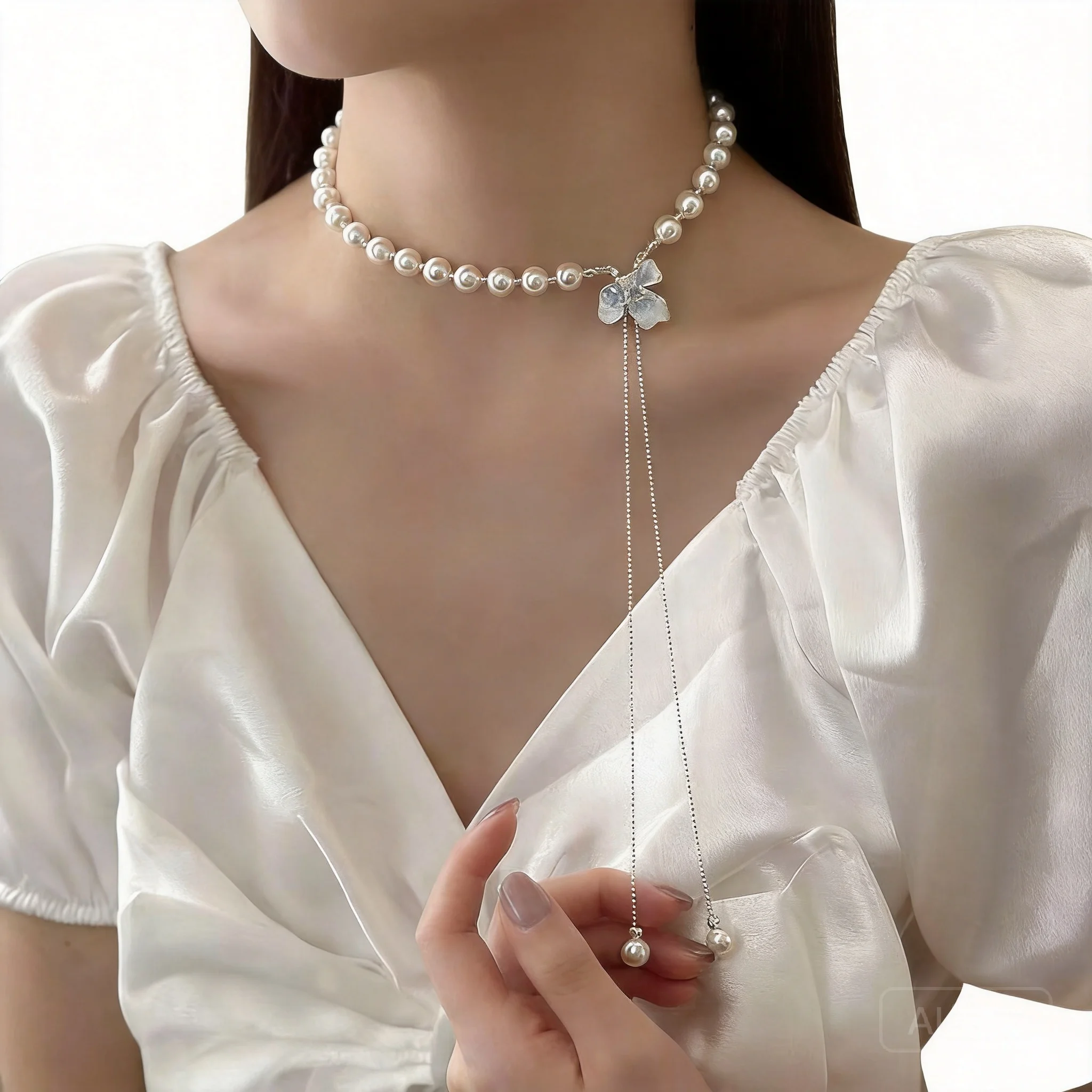 

Chinese Style Lucky Blessing White Shell Pearl Choker Necklace For Women Blue Butterfly Adjustable Drawstring Multi Wear 2026
