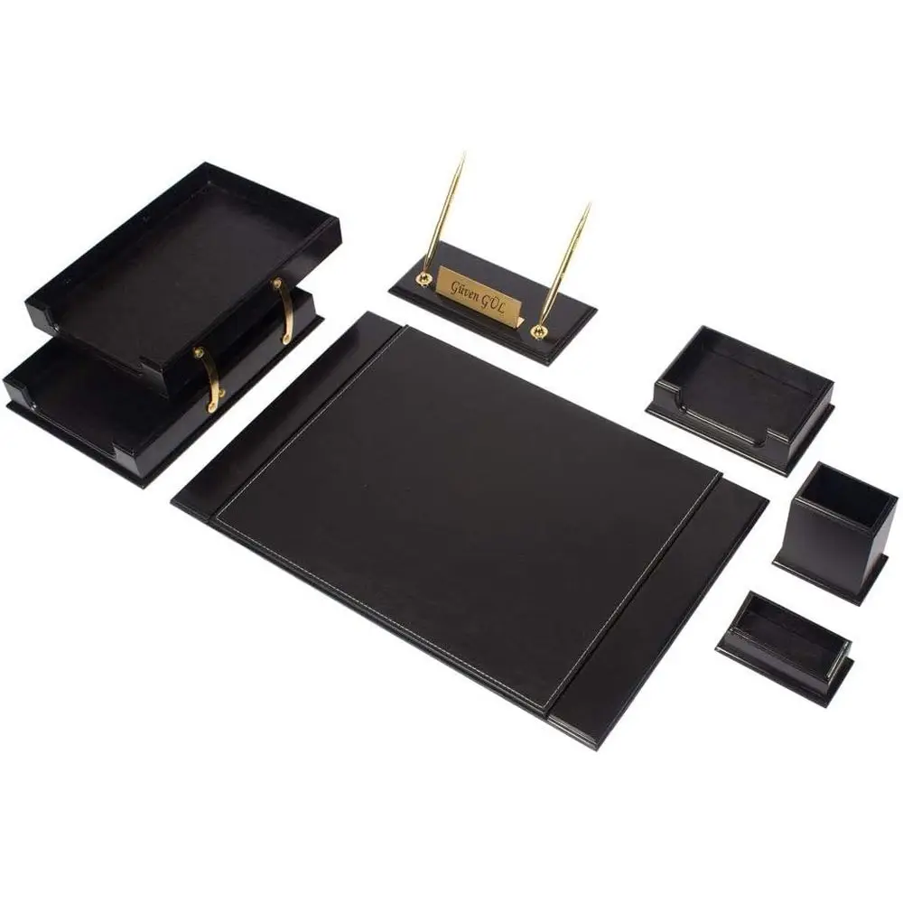 

Элитный кожаный набор для рабочего стола, набор из кожи и дерева, 8 предметов, с двойным лотком, органайзером для стола, персонализированным ковриком для стола, кожаным ковриком для письменного стола