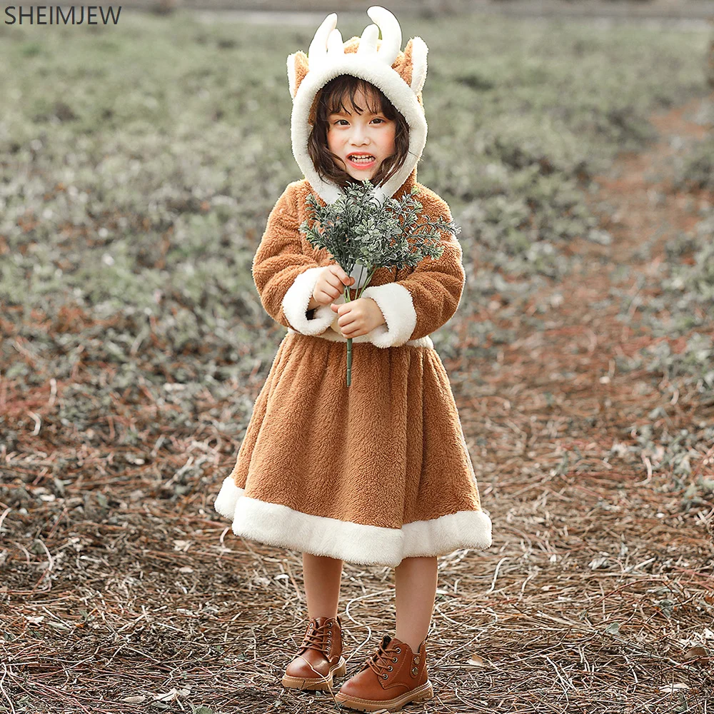 Cute Girls Elk Reindeer Costume Warm Dress Coral Fleece Dress Christmas Role Playing Costume Children's Home Pajama Set