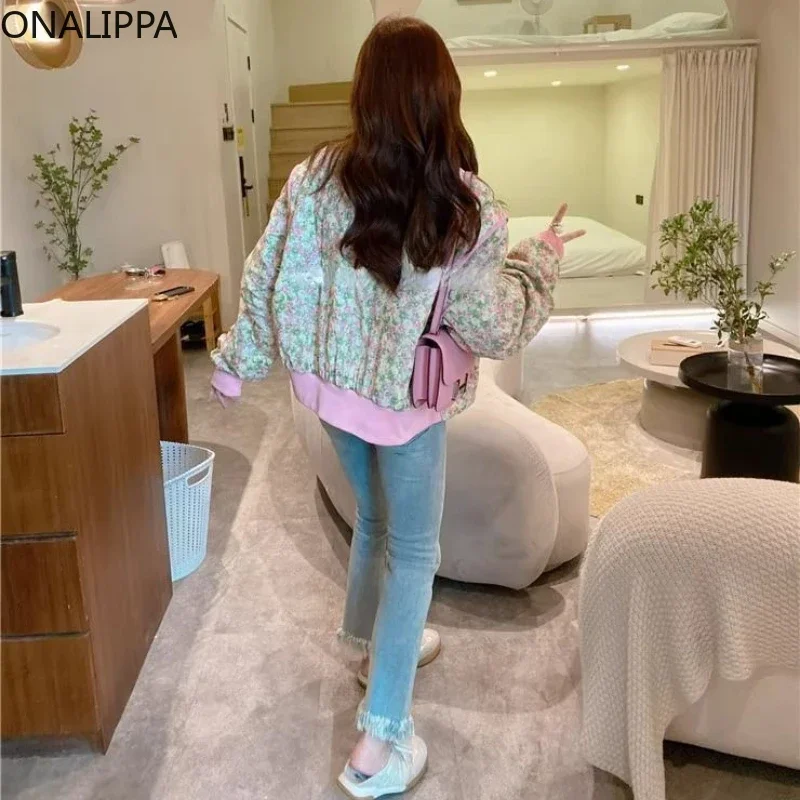 Onalippa Small Fragrance Contrast Floral Quilted Coat Sweet Gentle Wind All Match Jackets for Women Korean Loose Kawaii Jacket