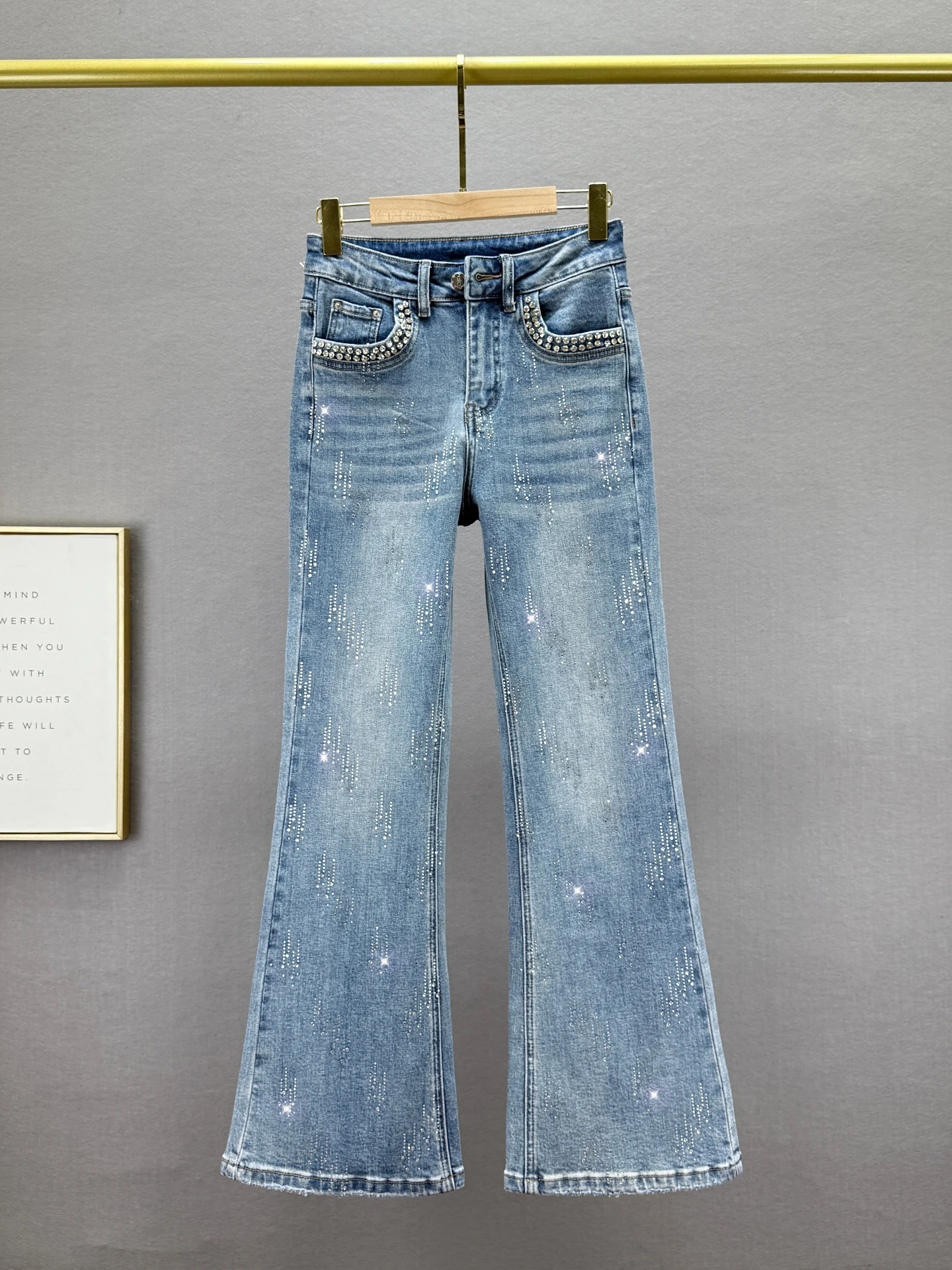 

Spring 2026 Women's High Waist Slim Fit Denim Bell Bot Diamond Embellied Soft Comfortable Cotton Stretch Jeans
