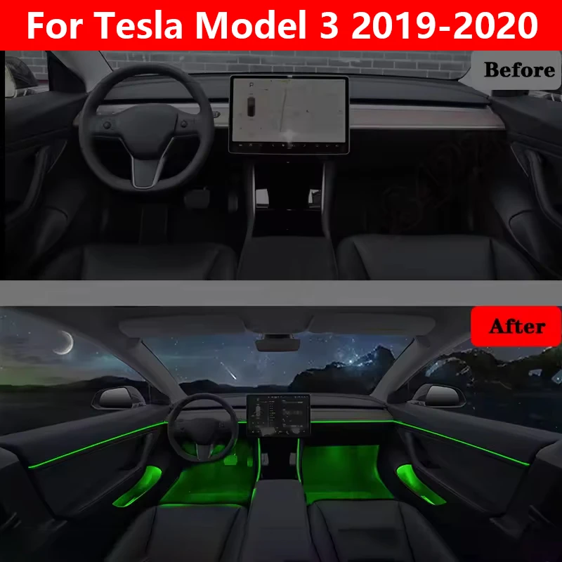 

19 in 1 RGB 64 Color Ambient Light For Tesla Model 3 2019-2020 Car Interior Acrylic Guide Fiber Strip Decoration Atmosphere Lamp