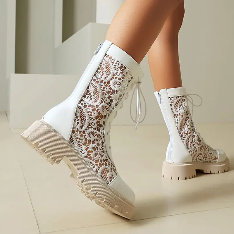 

ORCHA LISA Design Женские летние ботинки на молнии со шнуровкой и дышащей сеткой размера плюс 44 45 Круглый носок Толстый каблук 4,5 см Платформа Белый