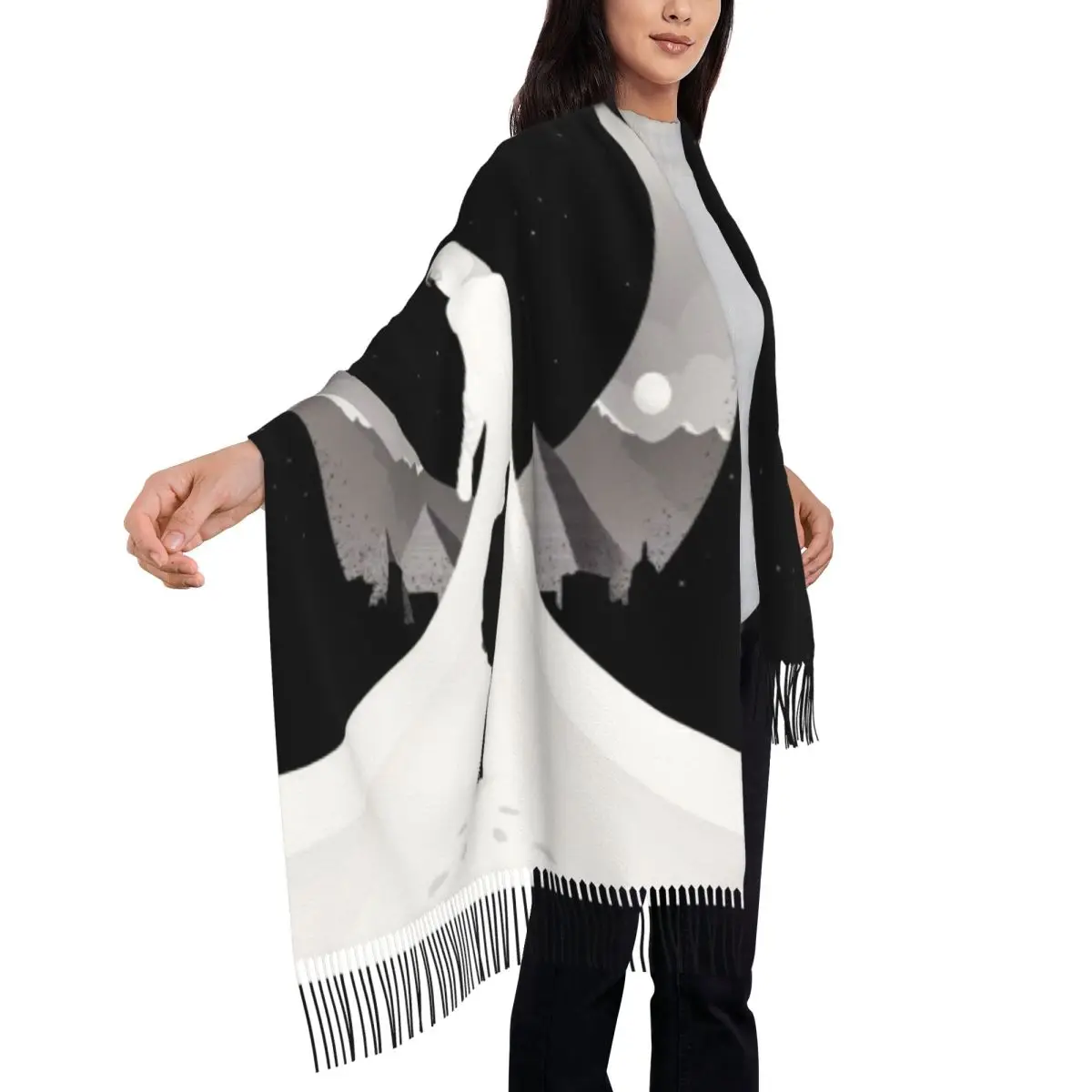 مخصص الإناث طويلة القمر فارس الفيلم الأوشحة النساء الشتاء لينة الدافئة شرابة شال التفاف وشاح