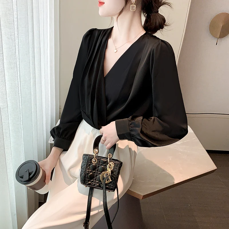 Plus size Spring Women White black elegant Acetate satin Shirts Fashion V neck work wear Silk Shirt Vintage Blouse tops