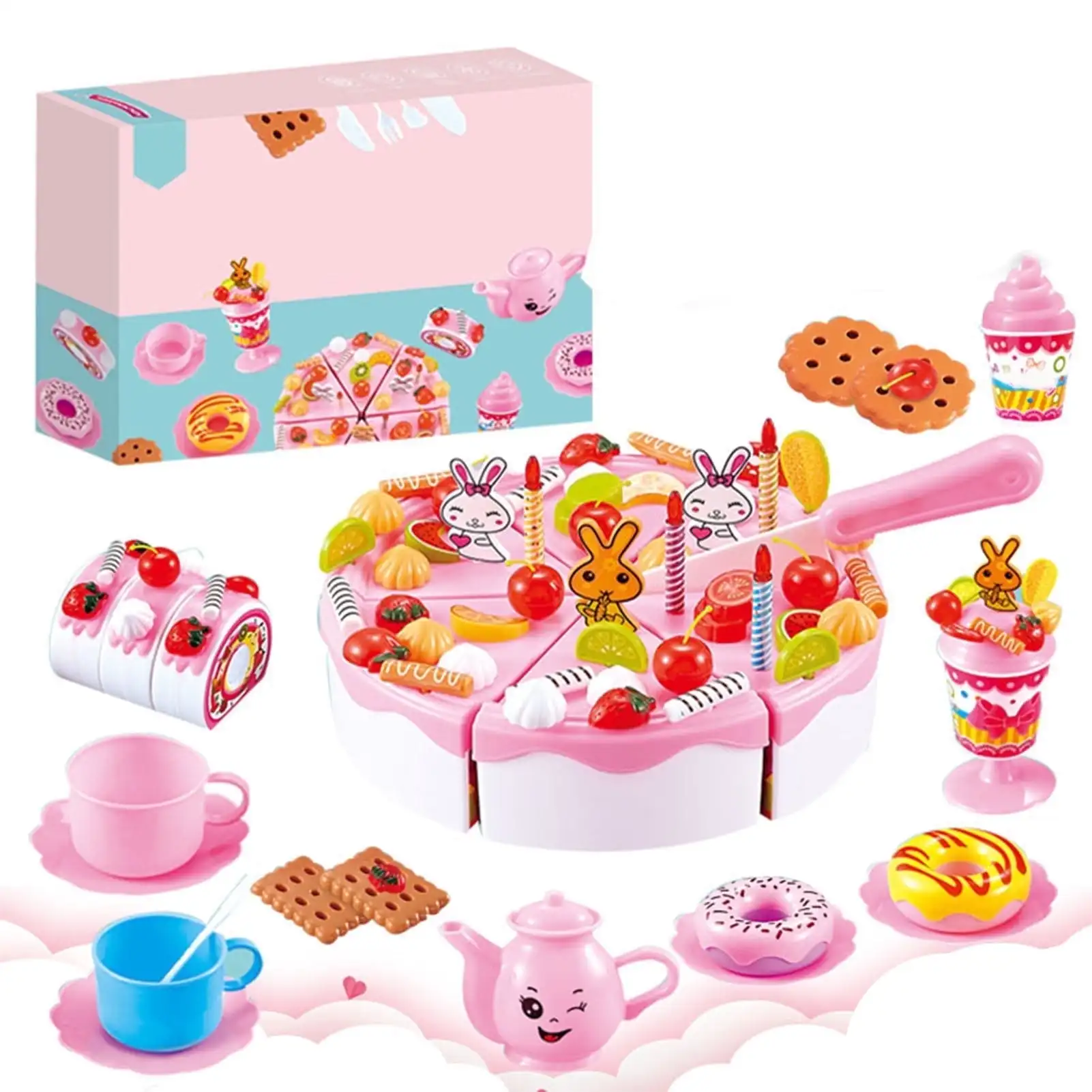 99 piezas de juguete de pastel de cumpleaños, juguete de corte de cocina de plástico, juego de comida DIY, juguetes para juego de imitación, kits de fiesta de cumpleaños, rosa