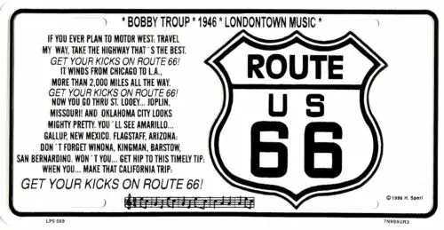 ROUTE 66 METAL LICENSE PLATE BOBBY TROOP #569 Aluminum