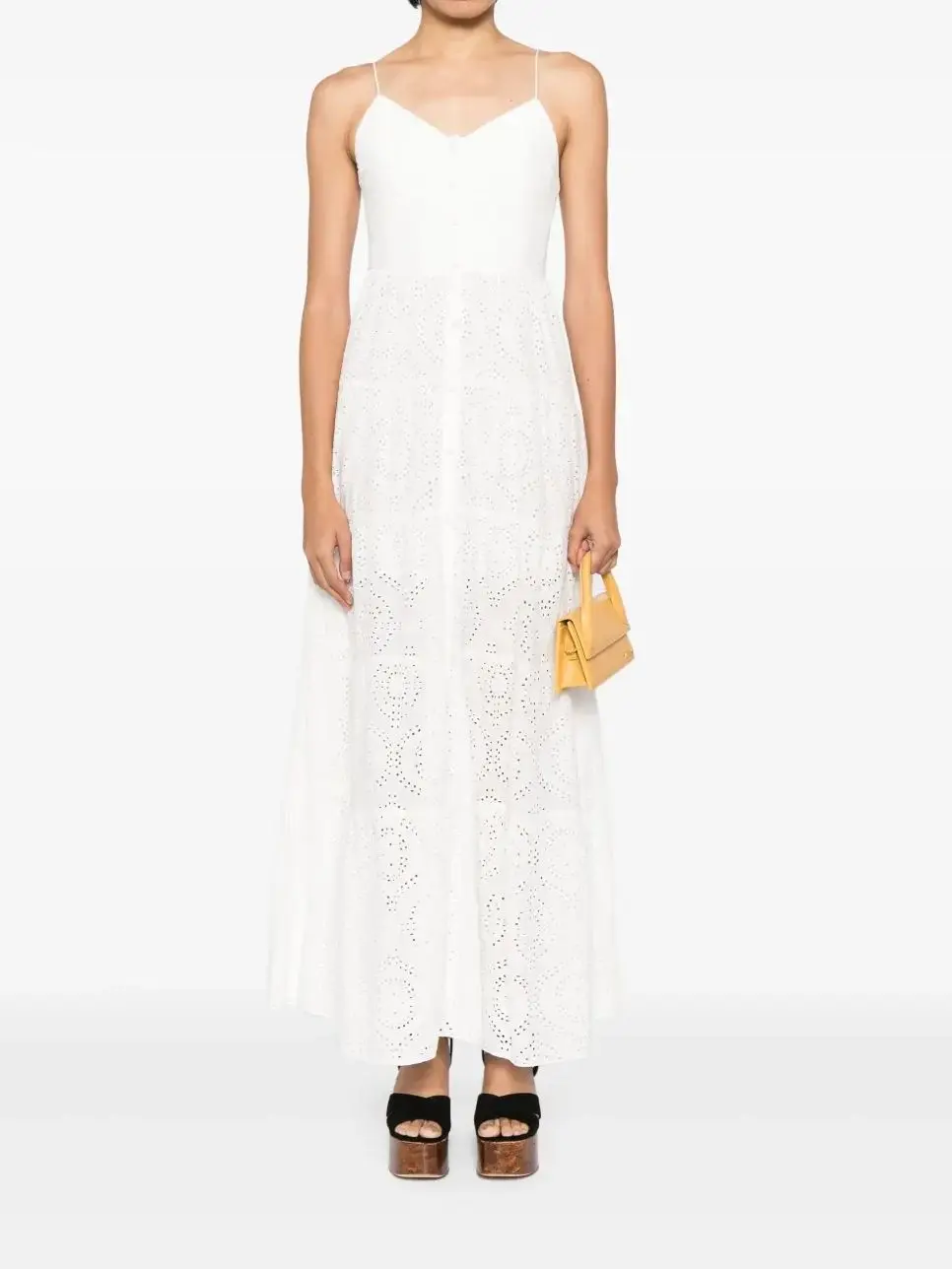 

Women White Sling Robe Embroidery Hollow Out V-Neck Sleeveless Single Breasted Elegant Ladies 100% Cotton Maxi Dress