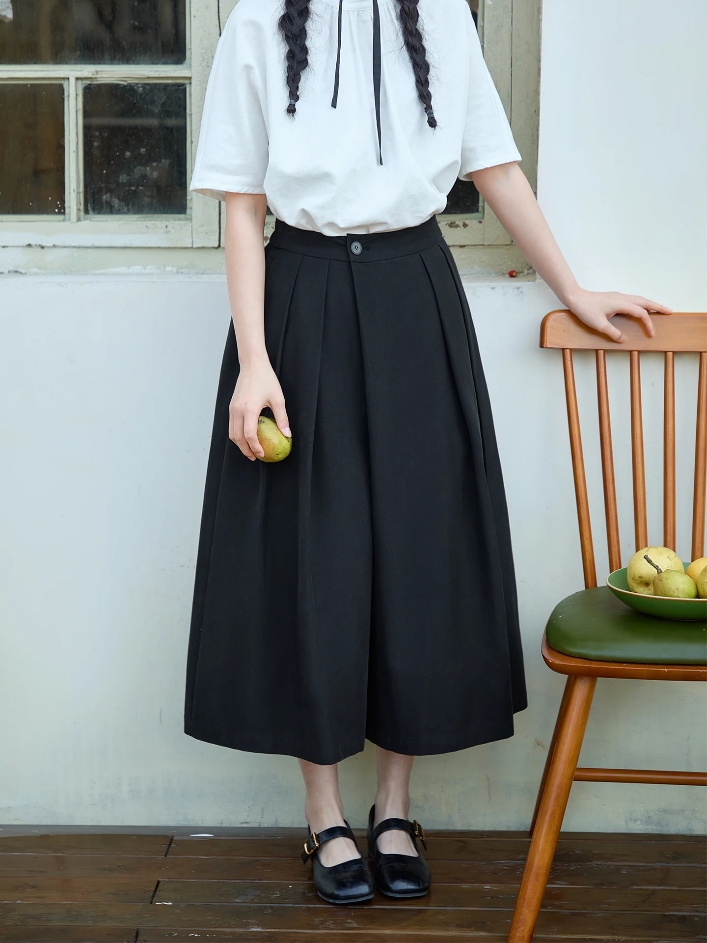 Original Japanese Style High Waist Wide Leg Pants Women's Black Slimming Nine Point Skirt Casual Pure Color Lycell Blend