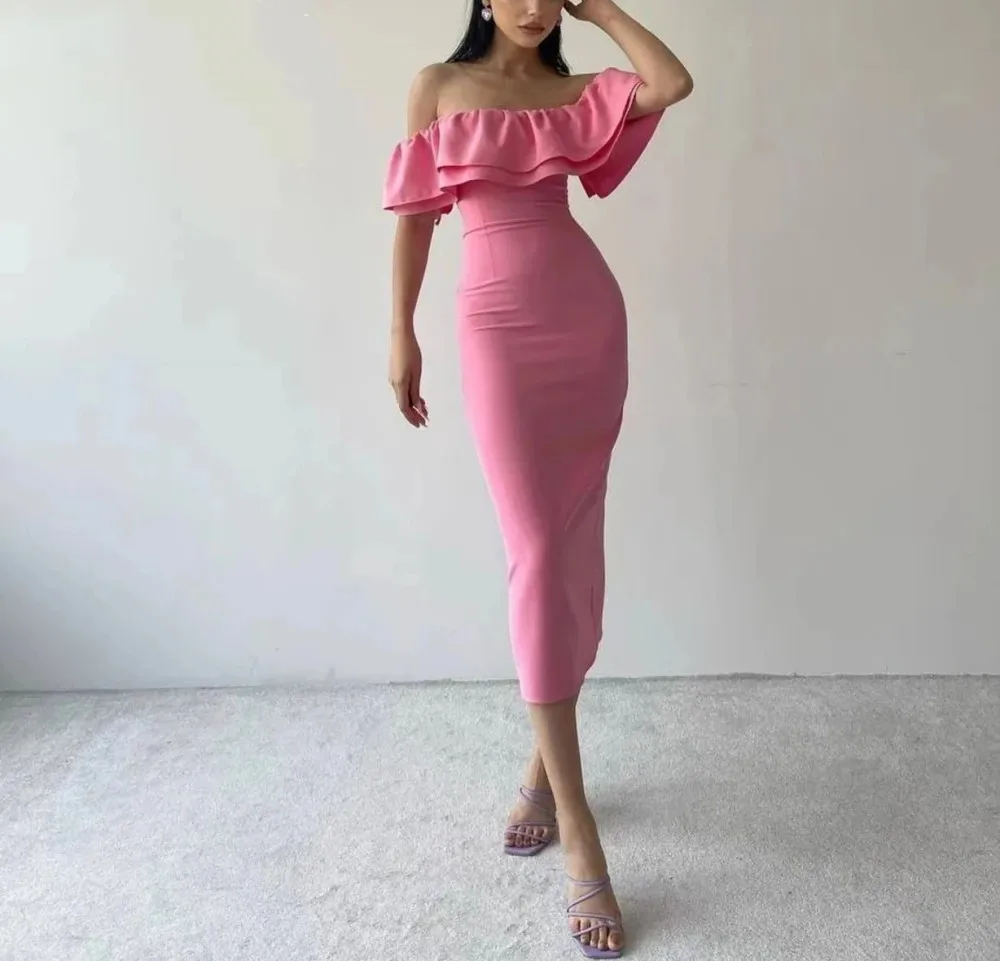 Flora Dress Pink Boat Neck Mermaid Formal Occasion Off Shoulder Short Sleeves Prom Dress Side Slit Backless Evening Party Gowns