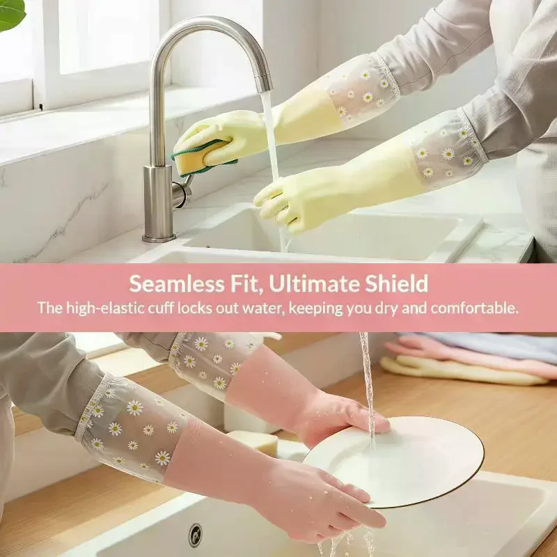 Floral Pattern Household Latex Waterproof Cleaning Gloves: Kitchen Dishwashing Laundry Wear Resistant Rubber view 5