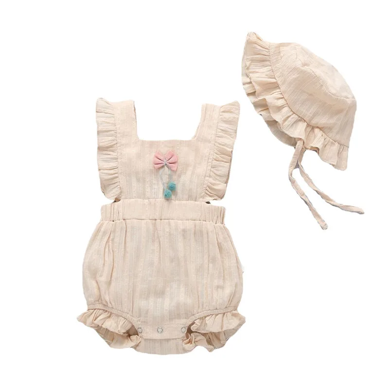 Baby Girls Bodysuit Clothes Newborn Summer Jumpsuit Sun Hat Bow Tie Cotton Sleeveless Ruffled Edge Romper 0-24 Months