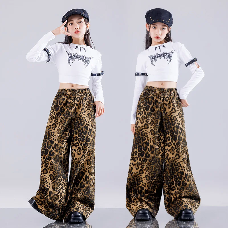 

Kid Hip Hop Clothing White Strap Crop Top Long Sleeve T Shirt Leopard Casual Baggy Pants for Girls Jazz Dance Costumes Clothes