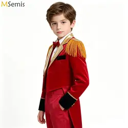 Red Boys Circus Ringmaster Lion Tamer Director Cosplay Costume Tassels Adorned Dip Hem Coat Carnival Tailcoat Circus Jacket Tops