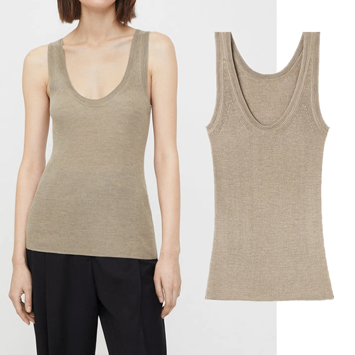 

Maxdutti 2026 Summer Minimalist Slim Fit Knitted Vest For Women 85%Silk+15%Cashmere T-shirt Woman Clothes Female Clothing Tops